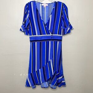 BAND of GYPSIES Dress STANTEX Blue Striped Faux Wrap Surplice Neck Ruffle Medium